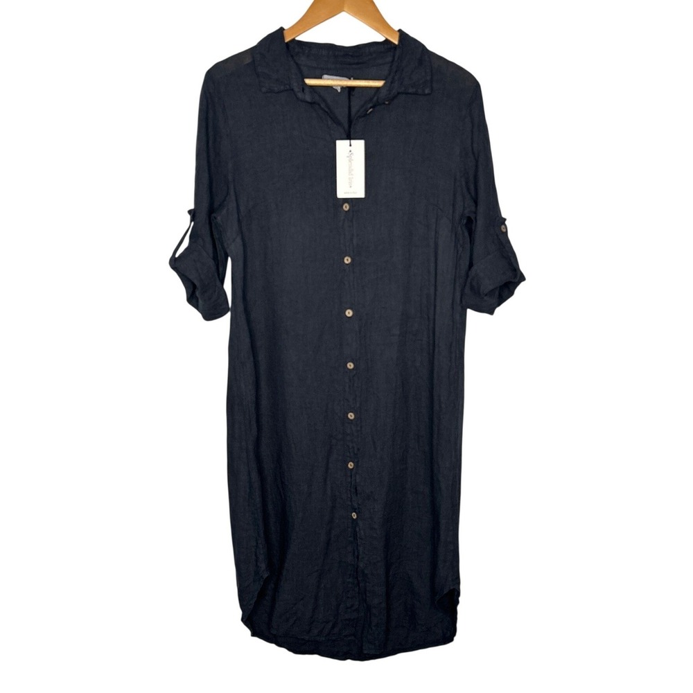 NWT Splendid Iris 100% Linen Dress Duster S/M Navy Made in Italy Roll Tab Boho